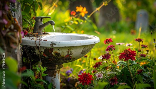 Rustic garden basin with running water