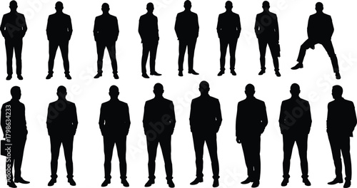 Silhouette business men standing in different poses, professional male figure collection, corporate people vector illustration for office, teamwork, leadership design