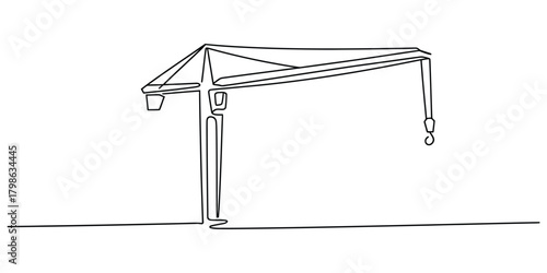 Continuous line art drawing of a modern construction tower crane