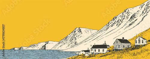A yellow and white background with a blue ocean and mountains in the distance. The houses are small and scattered around the hillside