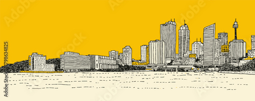 A city skyline with a yellow background. The city is shown in a very stylized way, with buildings. Scene is one of urban sophistication and modernity
