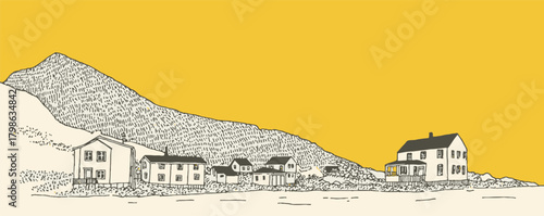 A yellow background with a mountain in the distance. A small town with houses and a church