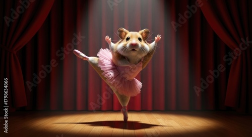 Adorable hamster ballerina performs graceful dance under spotlight on theater stage