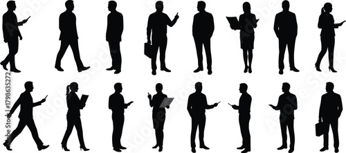 Silhouette of business men and women standing, walking, talking, and using digital devices, teamwork communication concept, isolated black vector illustration