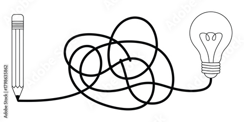 Pencil drawing intricate path to light bulb, problem solving