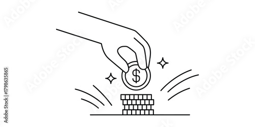 Hand places dollar coin on stack, depicting financial savings and growth