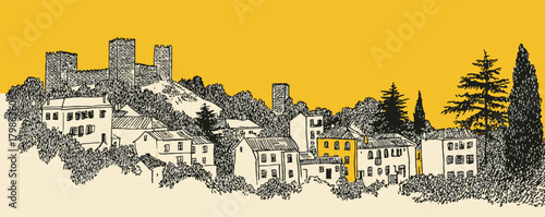 A drawing of a town with houses and a tree. The houses are small and the tree is in the foreground. The drawing has a peaceful and serene mood