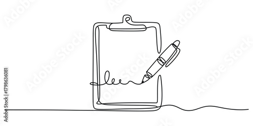 Continuous line drawing of clipboard, pen writing, and signature