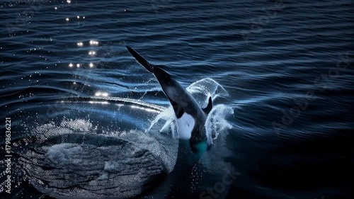 Dramatic Orca Tail Breach: Majestic Killer Whale Emerging from the Ocean Depths