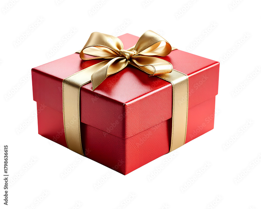 Fototapeta premium Red gift box, gold ribbon, side view Saw a full box on a white background