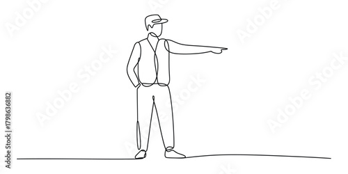 Continuous line drawing of a person giving directions or guidance.