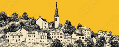 A yellow background with a drawing of a town with a church and houses. The houses are small and the church is tall