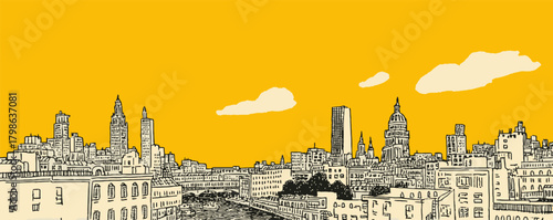 A cityscape with a yellow background and buildings in the foreground. The buildings are tall and the sky is cloudy