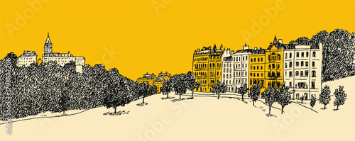 A city street with a yellow background and buildings in the foreground. The buildings are tall and have many windows. The street is empty