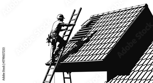 A construction worker climbs a ladder to repair a roof, emphasizing the importance of home maintenance and safety procedures.