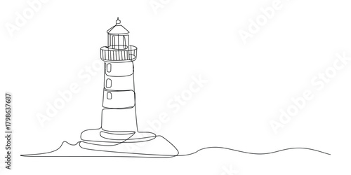 Continuous line art drawing of a classic lighthouse on a shore.