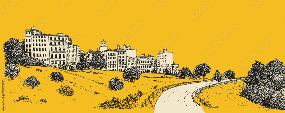 Fototapeta premium A yellow and black drawing of a city with a road and a tree. The drawing has a nostalgic and peaceful mood