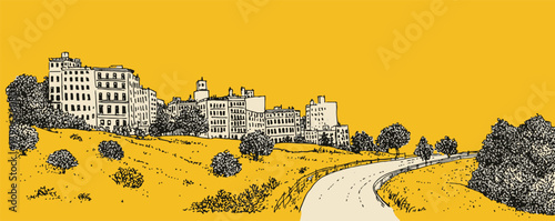 A yellow and black drawing of a city with a road and a tree. The drawing has a nostalgic and peaceful mood