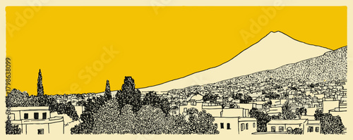 A mountain is in the background of a city with houses and trees. The sky is yellow and the mountain is in the distance