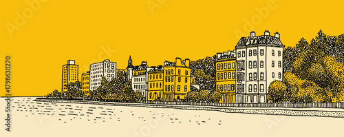 A yellow and orange cityscape with a blue sky. The buildings are tall and there is a body of water in the background