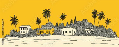 A drawing of a tropical island with palm trees and houses. The houses are small and the palm trees are tall. Scene is peaceful and relaxing