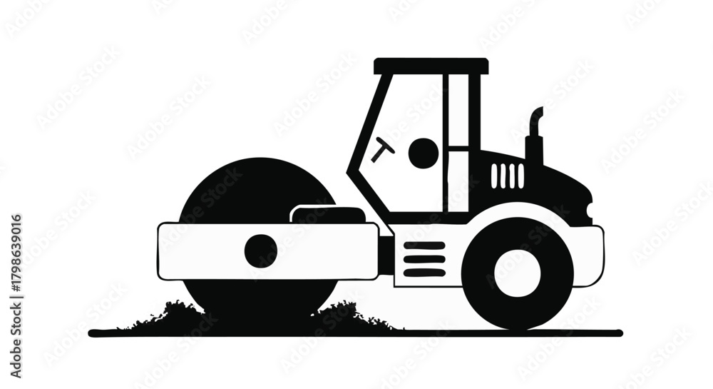 Fototapeta premium A black and white illustration depicts a road roller compacting the ground, symbolizing construction and infrastructure development on a white background.