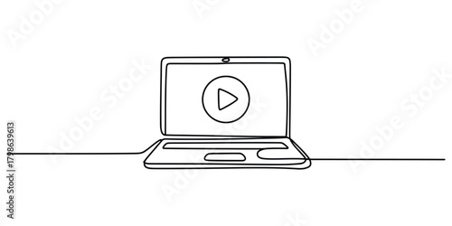 Continuous line art drawing of a laptop with video play button icon