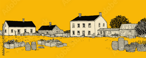 A yellow background with a drawing of a farm with a house, barn, and other buildings. The houses are small and the barn is in the foreground