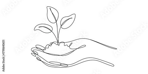 Continuous line drawing of hands cradling a growing plant sprout