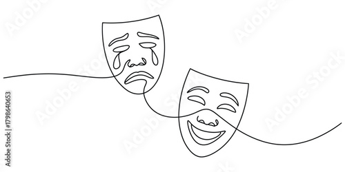 Comedy and tragedy masks in continuous line art drawing style