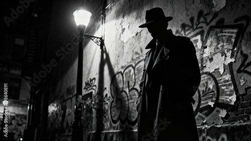 dark detective in shadow in graffiti street, black and white noir photography, noir detective