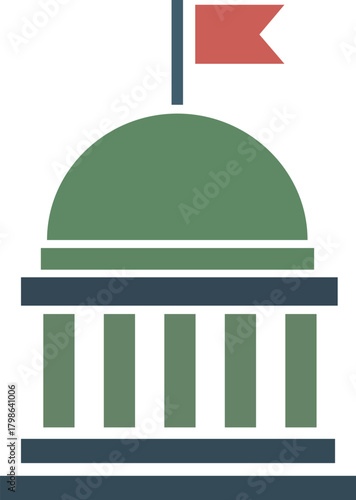 Government building dome flag architecture pillar structure institution authority official Government building with green dome red flag and pillars symbolizes authority institution and official
