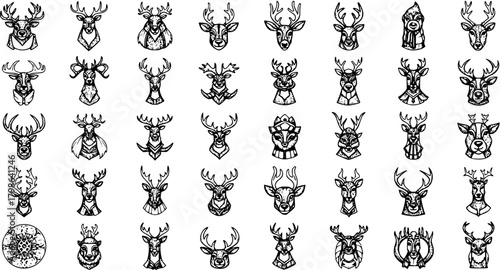 49 Detailed Stylized Deer Head Illustrations. Black  White Stag, Buck, Reindeer Antler Designs. Hand-Drawn Vector Icon  Logo Collection.