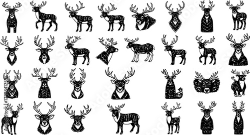 Set of diverse deer, stag, and elk illustrations with impressive antlers. Hand-drawn graphic collection of wild forest animals in a detailed black and white doodle style.