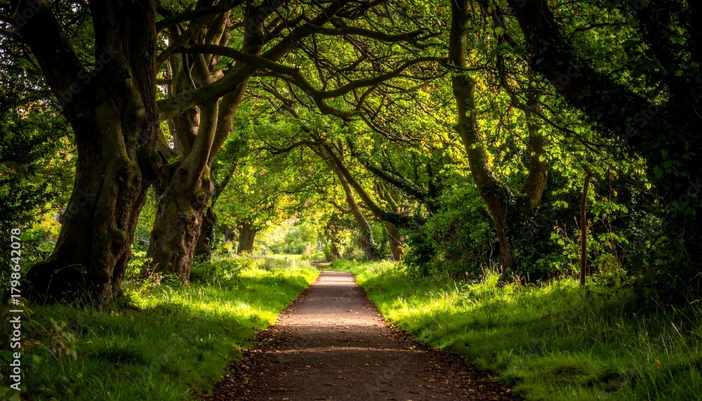 Obraz premium A winding asphalt path is canopied by the sprawling branches of mature trees, sunlight dappling the way forward