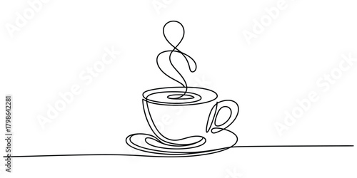Continuous line art drawing of a steaming coffee cup and saucer.