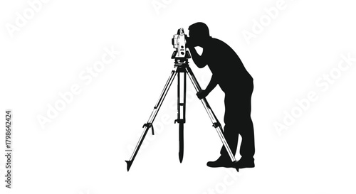 A silhouette of a surveyor using a theodolite on a tripod, capturing data for land measurement and construction projects, isolated on white.