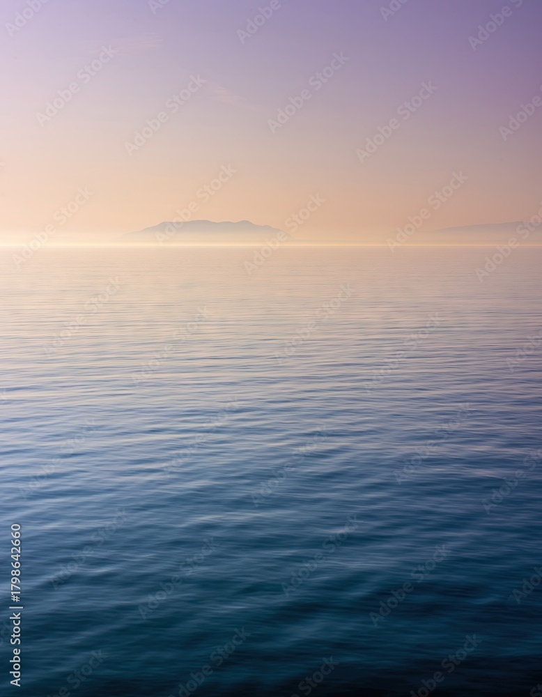 Fototapeta premium Serene Ocean Vista at Dawn with Distant Island Silhouette and Soft Pastel Sky Hues Reflecting on Calm Waters