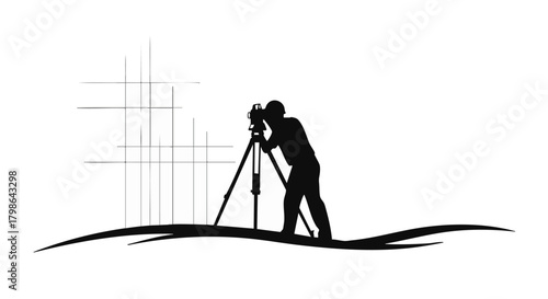 A silhouette of a photographer focuses on a camera mounted on a tripod, capturing an image with technical precision against a white backdrop.