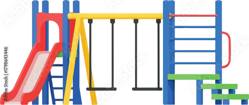 Colorful Playground Equipment with Slide and Swings Isolated on White Background