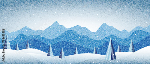 Grainy winter landscape, mountains and forest, snowdrifts and snowfall, cartoon nature, vector illustration