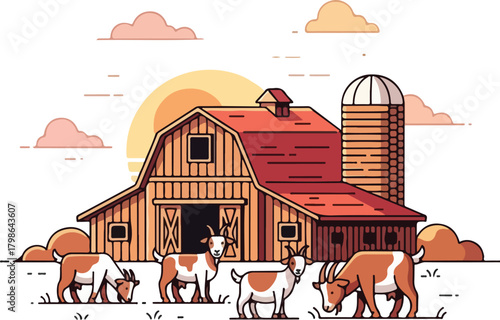 Charming Line Art Illustration of Goats Grazing Outside a Rustic Farm Barn at Sunset