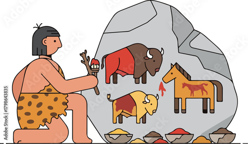 Caveman Creating Prehistoric Rock Art of Bison and Horse with Natural Pigments