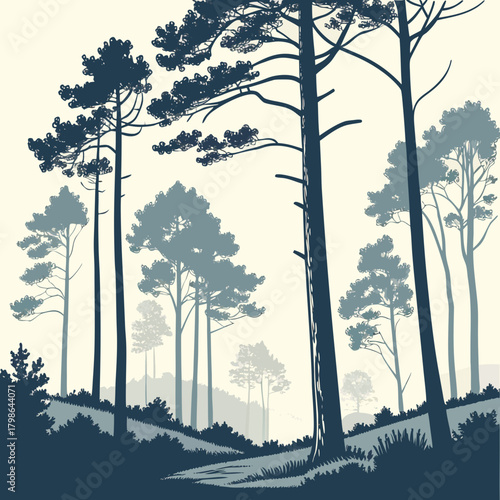 A serene forest scene unfolds with tall, slender trees silhouetted against a soft, muted background, creating a tranquil and inviting natural landscape