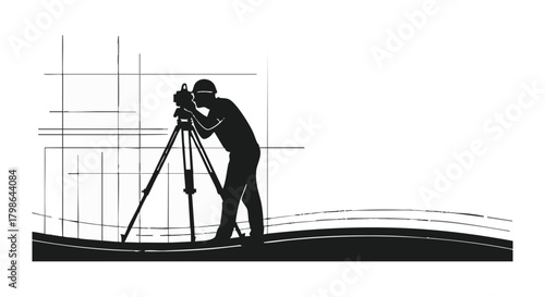 A silhouette of a surveyor using a theodolite on a tripod, set against architectural grid lines, symbolizing precision and planning.