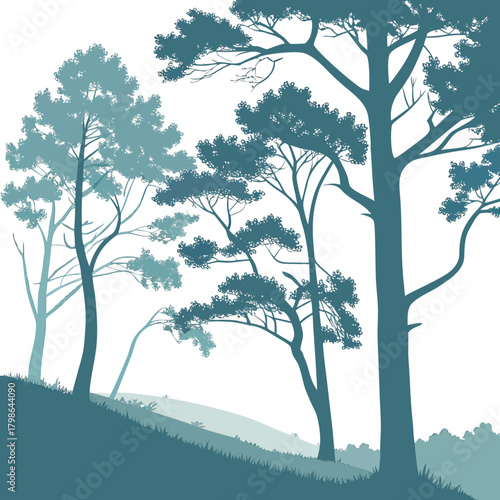 A serene forest scene unfolds with tall, slender trees silhouetted against a soft, muted background, creating a tranquil and inviting natural landscape, isolated on