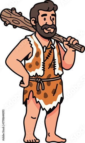 Cartoon Caveman Character Holding a Wooden Club Primitive Man Illustration