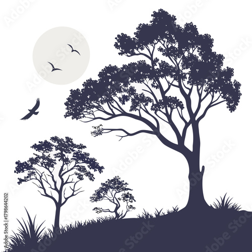 Silhouette of trees on a hill under a full moon with birds flying, creating a serene and natural scene isolated on the trees are in the foreground