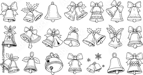 Christmas Bells Doodle Collection. Hand-drawn vector sketch set of festive holiday jingle bells with bows and holly leaves. Black and white line art illustrations for seasonal designs.