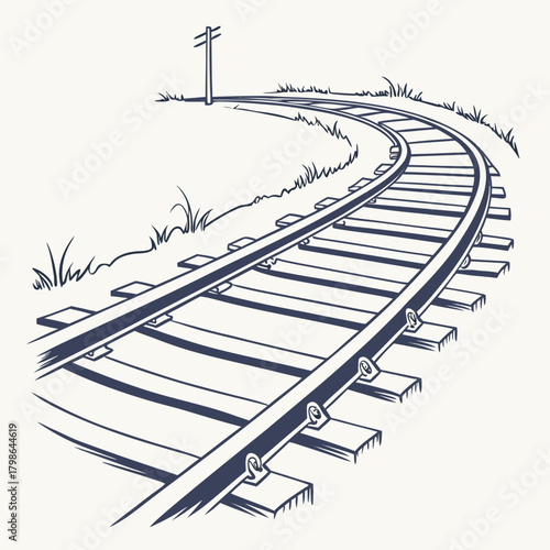Illustration of a curving railway track with a telegraph pole in the background, isolated on a simple drawing of a train track in perspective